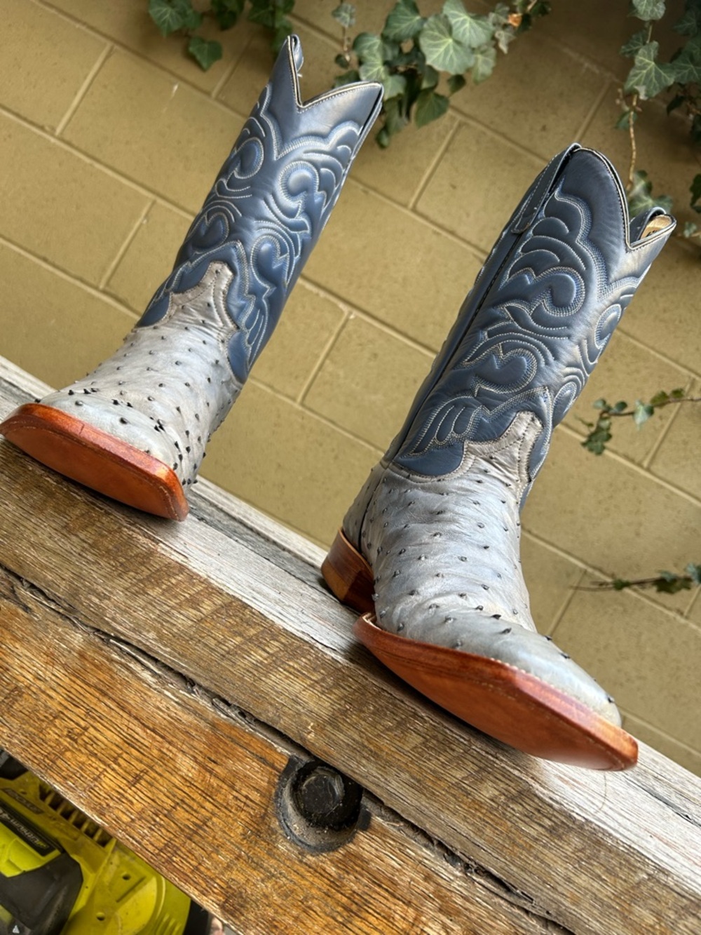 Handmade Gray Ostrich & Blue Square Toe Cowboy Boots Size 10D - Picture 10 of 15
